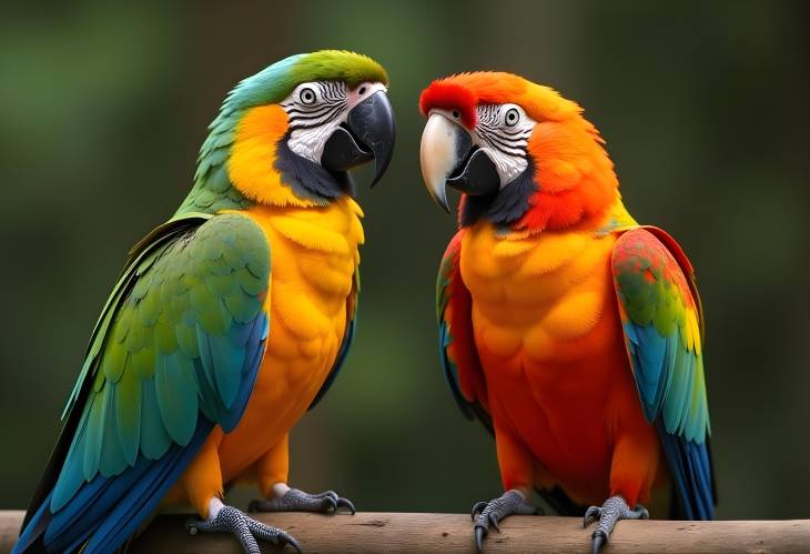 Two Parrots with Magnificent Plumage Perched Opposite Each Other